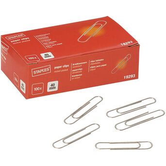 Staples Clipes de papel banhados a níquel, antiferrugem, 40 mm, prateados, caixa de 100