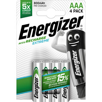 Energizer Pilha Recarregável Extreme AAA LR3, 800 mAh, Embalagem 4 unidades, Pré-Carregadas