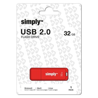 SIMPLY Unidade Flash USB 2.0, 32 GB, Tampa, Vermelho