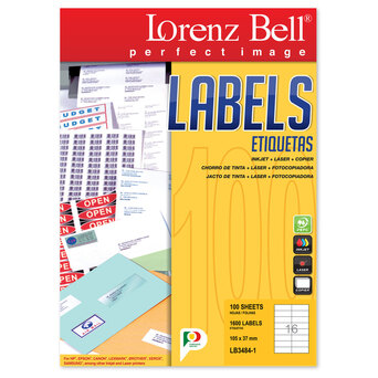 LORENZ BELL Etiquetas Auto-Adesivas, 105 x 37 mm, 16 Etiquetas/Folha, Branco, Caixa de 100 Folhas