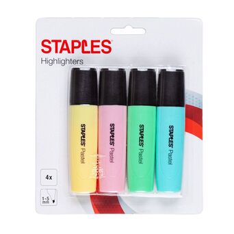 Staples Marcadores Pastel, Ponta de Cinzel, 1-5 mm, Várias Cores Pastel: Rosa, Azul, Verde, Amarelo, Embalagem de 4