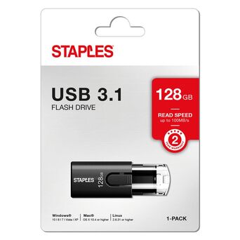 Staples Unidade Flash USB 3.1, 128 GB, Controlo Deslizante, Preto