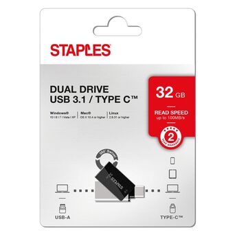 Staples Unidade Flash Dupla USB-C e 3.1, 32 GB, Design Rotativo, Preto