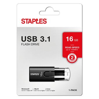 Staples Unidade Flash USB 3.1, 16 GB, Controlo Deslizante, Preto