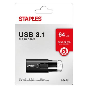 Staples Unidade Flash USB 3.1, 64 GB, Controlo Deslizante, Preto