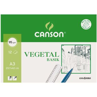 CANSON Bloco Papel Vegetal Guarro® Basik®, A3, 90/95 g/m², 12 Folhas, Semitranslúcido