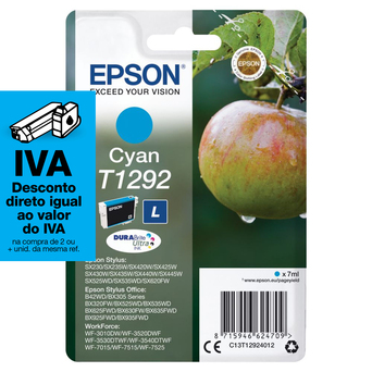 Epson Tinteiro Original T1292, 7 ml, Azul Ciano, Embalagem Individual, C13T12924012