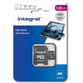 INTEGRAL MEMORY Cartão de Memória microSDXC/XC™ V30 UHS-I U3, 128 GB, 100 Mbps Velocidade Leitura, com Adaptador