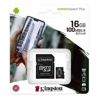Kingston Cartão de Memória Micro SD UHS-1 Canvas Select™ Plus, 16 GB, 100 Mbps Velocidade, com Adaptador SD