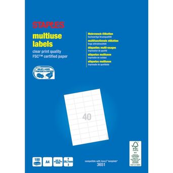 Staples Etiquetas Multiusos, 40 Etiquetas por Folha, 52,5 mm x 29,7 mm, Branco