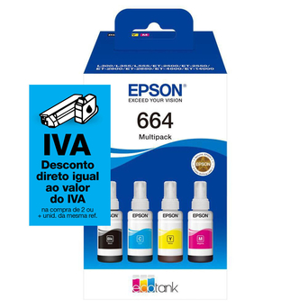 Epson Garrafa de Tinta 664, 280 ml, Preto, Azul, Magenta e Amarelo, Multipack, C13T664640