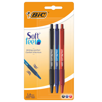 BIC Esferográfica Retrátil Soft® Feel, Ponta Média 1 mm, Tinta de Cores Sortidas, 3 Unidades
