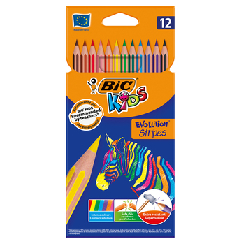 BIC Lápis de Cor Kids Evolution® Stripes, Corpo Hexagonal, Minas de Várias Cores, 12 Unidades