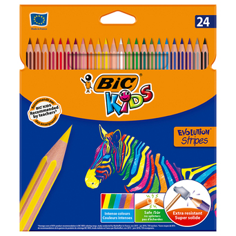 BIC Lápis de Cor Kids Evolution® Stripes, Corpo Hexagonal, Minas de Várias Cores, 24 Unidades