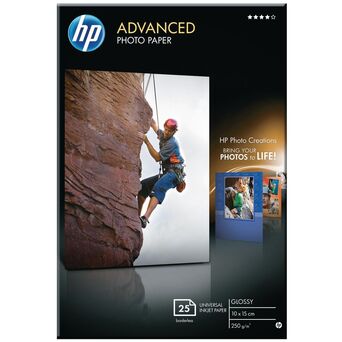 HP Advanced Papel Fotográfico para Jato de Tinta, 100 x 150 mm, Brilhante, 250 g/m², Branco, 25 Folhas