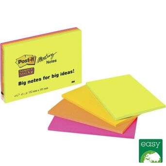 Post-it Bloco Meeting Notes Super Sticky 152 x 101 mm, Cores Sortidas, Pack 4, 45 Folhas Cada