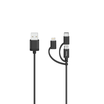 hama Cabo USB-A (M) – Lightning + Micro-USB - USB-C (M), 75 cm, Preto
