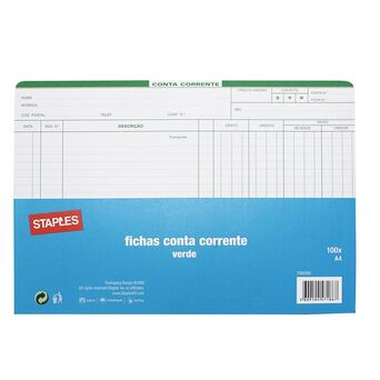 Staples Fichas Conta Corrente, A4, 210 x 297 mm, 120 g/m², Verde, 100 unidades
