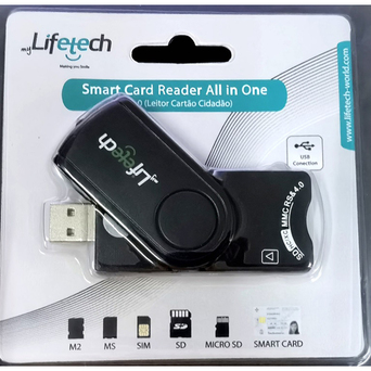 LIFETECH Leitor de Cartões All-in-One, Compatível com Cartão do Cidadão e Cartões Inteligentes, USB 2.0, Preto