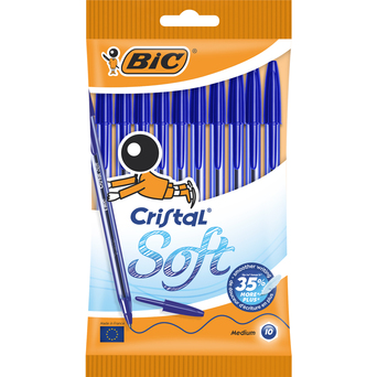 BIC Esferográfica Cristal® Soft, Ponta Média 1,2 mm, Corpo Azul Transparente, Tinta Azul, 10 Unidades