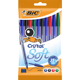 BIC Esferográfica Cristal® Soft, Ponta Média 1,2 mm, Corpo Azul Transparente, Tinta Sortida, 10 Unidades