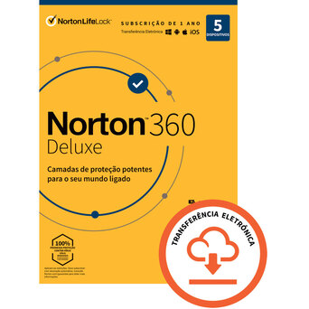 NORTON 360 Deluxe, 50 GB, Subscrição de 1 Ano para 5 Dispositivos - Chave Digital