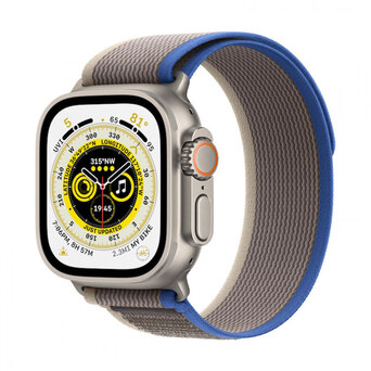 APPLE Smartwatch Watch Ultra GPS + Cellular, 49 mm, Caixa em Titânio Natural Cinzento e Bracelete Loop Trail Azul e Cinzento, Tamanho Pequeno/Médio (130 a 180 mm)