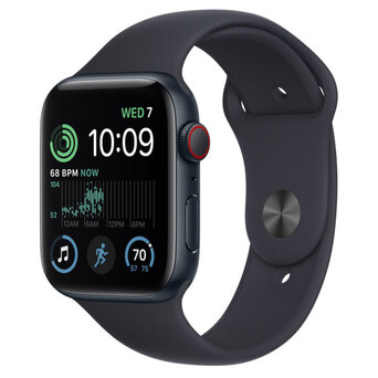 APPLE Smartwatch Watch SE GPS + Cellular, Caixa em Alumínio  Preto meia-Noite de 44 mm,  com Bracelete Desportiva Preto Meia-Noite, Regular