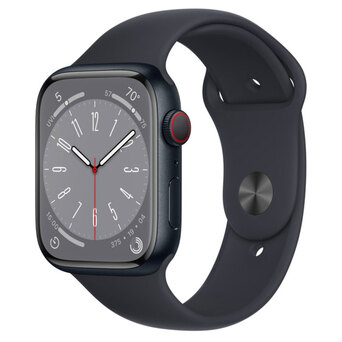 APPLE Smartwatch Watch Series 8 GPS + Cellular, Caixa em Alumínio Preto Meia-Noite de 41 mm, com Bracelete Desportiva Preto Meia-Noite, Regular