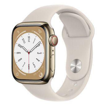 APPLE Smartwatch Watch Series 8 GPS + Cellular, Caixa em Aço Inoxidável Dourada de 41 mm, com Bracelete Desportiva Luz das Estrelas, Regular