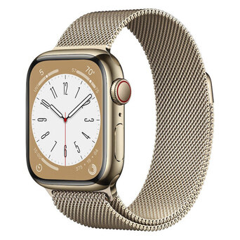 APPLE Smartwatch Watch Series 8 GPS + Cellular, Caixa em Aço Inoxidável Dourada de 45 mm, com Bracelete Loop Milanesa, Dourada