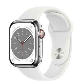 APPLE Smartwatch Watch Series 8 GPS + Cellular, Caixa em Alumínio Prateada de 41 mm, com Bracelete Desportiva Branca, Regular