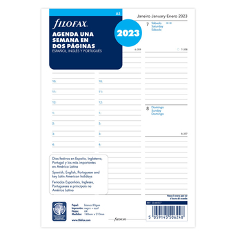 Filofax Recarga para Organizador, A5, Português/Espanhol/Inglês, 148 x 210 mm, 64 Páginas, 2023