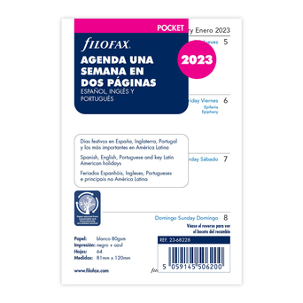 Filofax Recarga Organizador Pocket, Português/Espanhol/Inglês, 81 x 120 mm, 64 Páginas, 2023