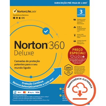 NORTON 360 Deluxe, 25 GB, 1 Ano, 1 Pessoa, 3 Dispositivos - Chave Digital