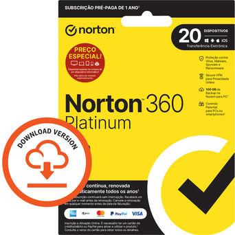 NORTON 360 Platinum, 100 GB, 1 Ano, 1 Pessoa, 20 Dispositivos - Chave  Digital