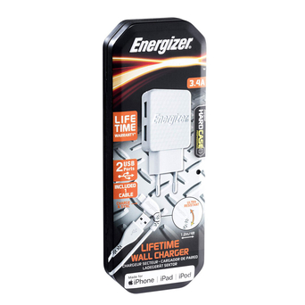 Energizer Carregador de Parede, 3.4A, 2 USB-A, Cabo Lightning, Branco