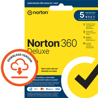 NORTON 360 Deluxe, 50 GB, 1 Ano, 1 Pessoa, 5 Dispositivos - Chave Digital