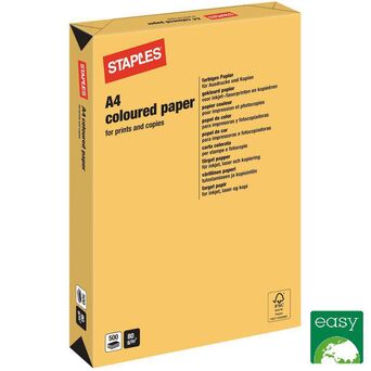 Staples Papel Colorido para Laser, Jacto de Tinta, Fotocopiadoras e Fax, A4, 80 g/m², Dourado, 500 Folhas