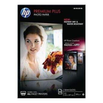 HP Premium Plus Papel Fotográfico para Jato de Tinta, A4, 300 g/m², Semi-Brilhante, Branco, 20 Folhas