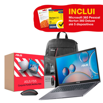 ASUS Conjunto Portátil F515EA-31BDL01, 15,6”, Rato WT300 e Mochila Nereus Preto - Oferta de Microsoft 365 Pessoal 1 Ano e Norton 360 Deluxe até 5 Dispositivos, 1 Ano